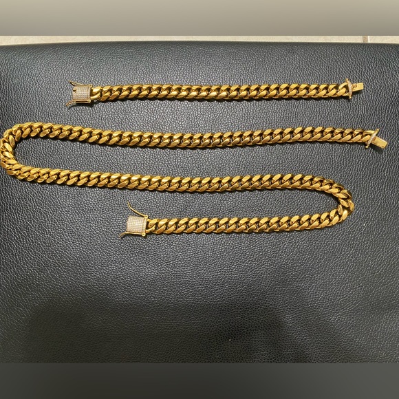 18k CUBAN LINK CHAIN AND BRACELET 18k GOLD PLATED 30" 9.5mm - Picture 11 of 16